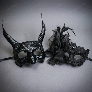 Black Devil Horn Demon Mask & Lace Feather Masquerade Couple Mask Set